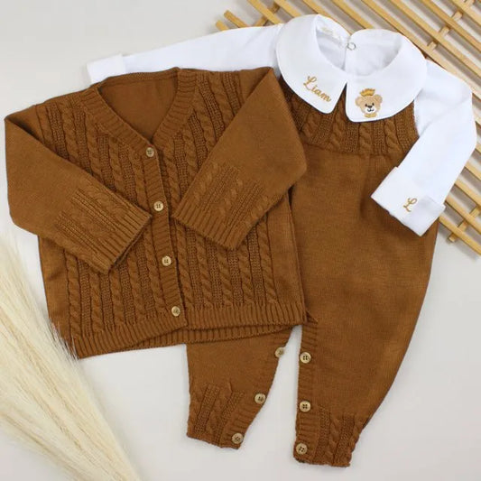Saída De Maternidade Masculina Tricô Bebê Marrom