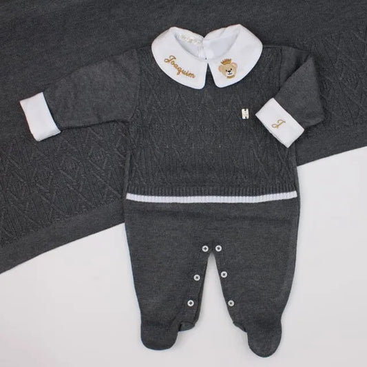 Saída De Maternidade Masculina Bebê Tricô Grafite